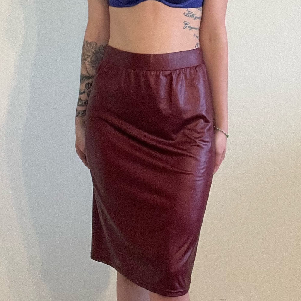 CECICO • Faux Leather Knee Length Skirt